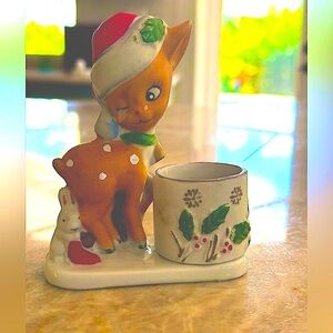 Winking eye Santa Dear. Vintage 70s, hand painted. Tea light candle holder